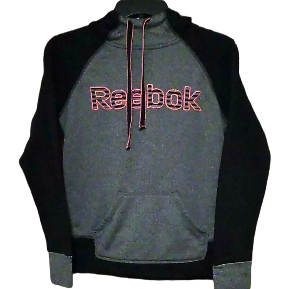 Reebok Hoodie Kids XS Gray Black Raglan Pullover Logo Sweatshirt